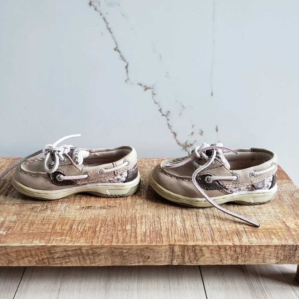 Sperry Kids Songfish Boat Shoe Toddler 5.5 Tan Pink Cheetah Bluefish Memory Foam